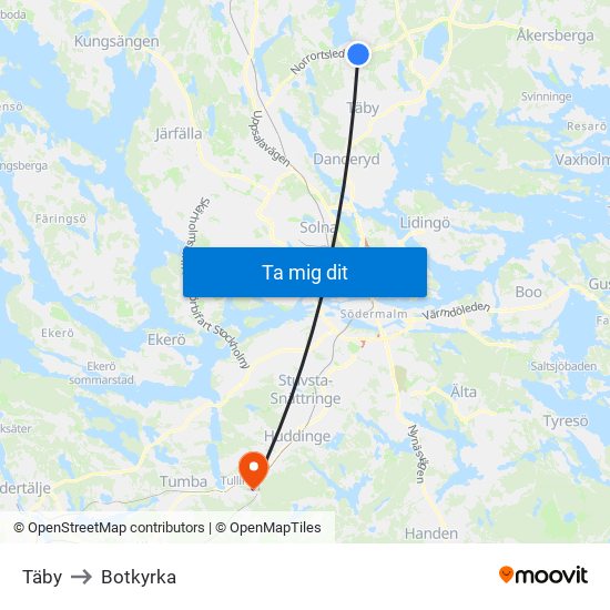 Täby to Botkyrka map