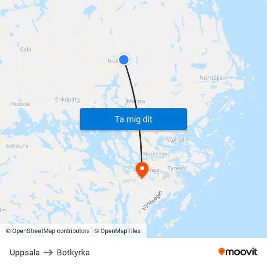 Uppsala to Botkyrka map