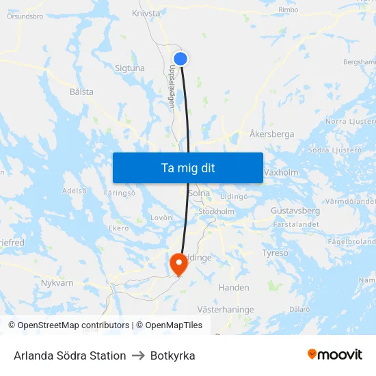 Arlanda Södra Station to Botkyrka map