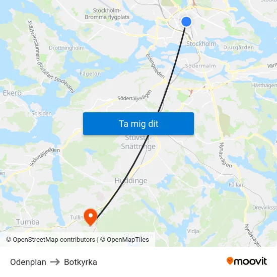 Odenplan to Botkyrka map
