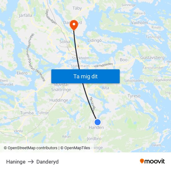 Haninge to Danderyd map