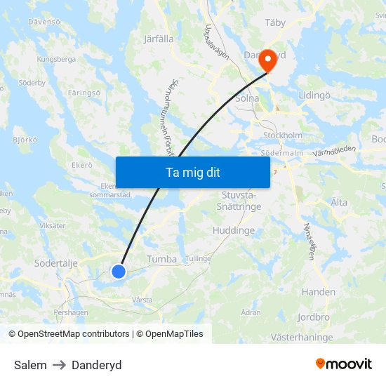 Salem to Danderyd map