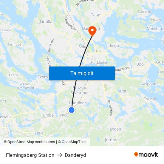Flemingsberg Station to Danderyd map