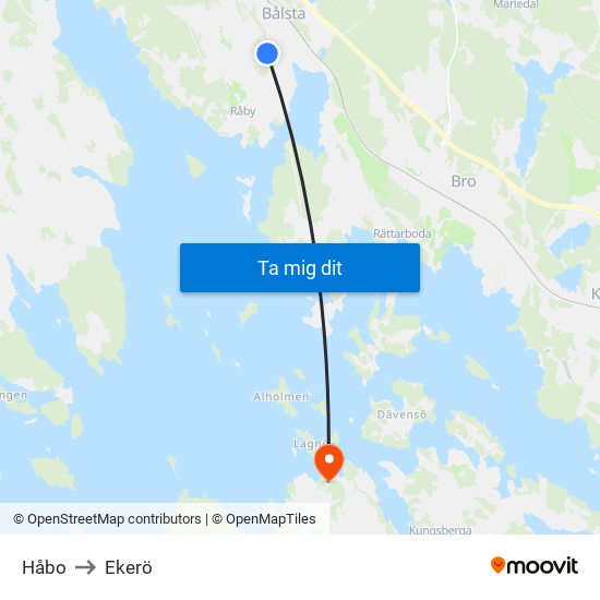 Håbo to Ekerö map