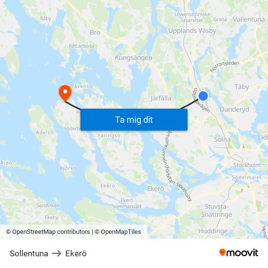 Sollentuna to Ekerö map