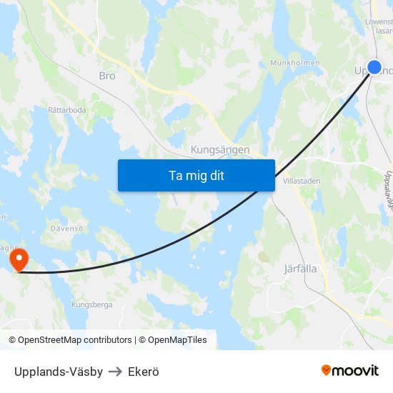 Upplands-Väsby to Ekerö map