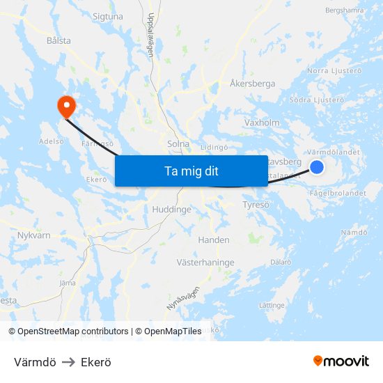 Värmdö to Ekerö map