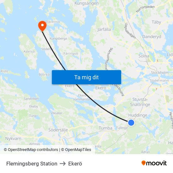 Flemingsberg Station to Ekerö map