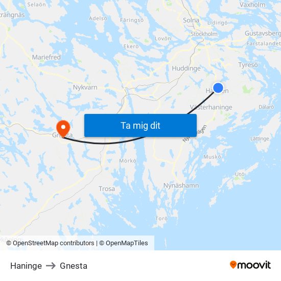 Haninge to Gnesta map