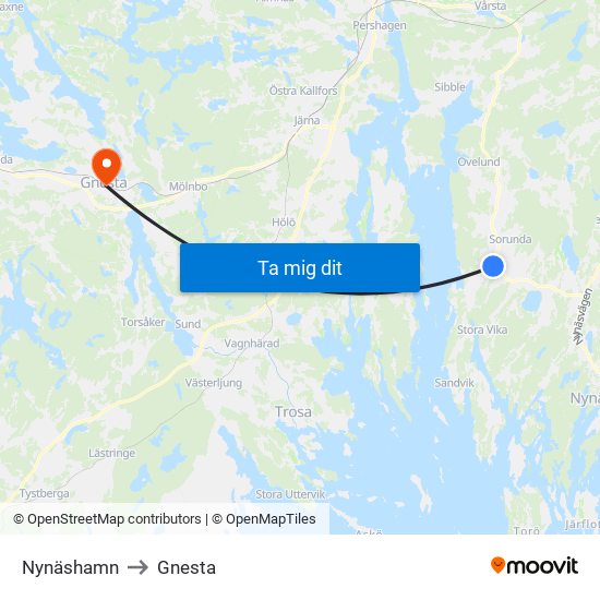Nynäshamn to Gnesta map