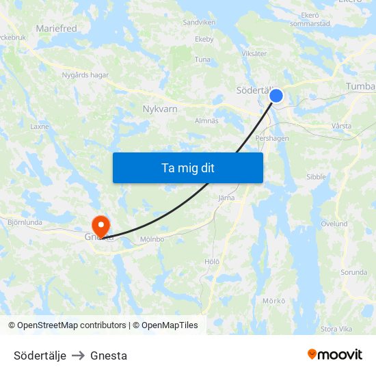 Södertälje to Gnesta map