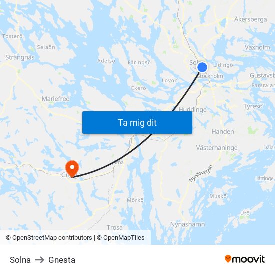 Solna to Gnesta map