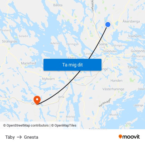 Täby to Gnesta map