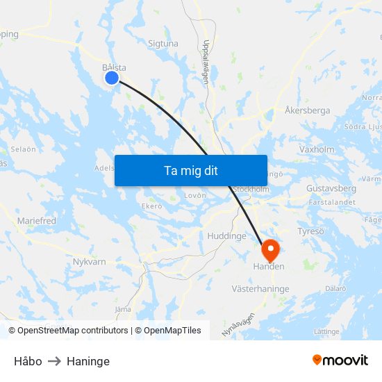Håbo to Haninge map