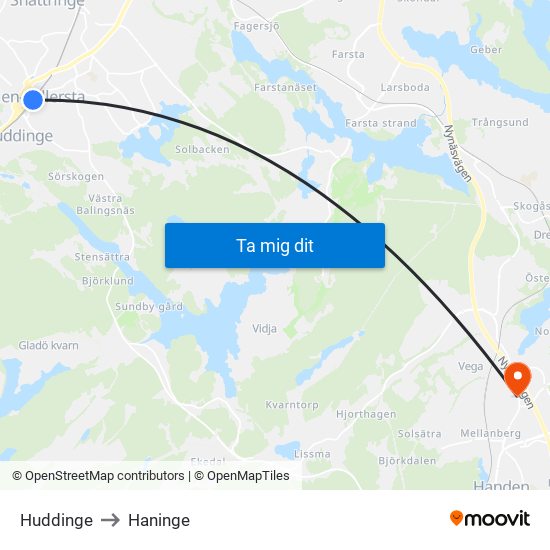 Huddinge to Haninge map