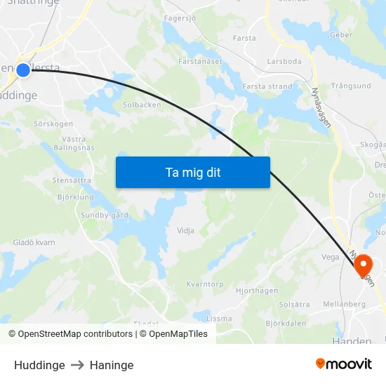 Huddinge to Haninge map