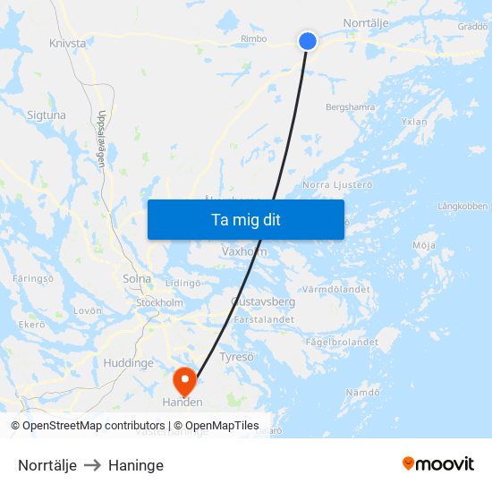 Norrtälje to Haninge map