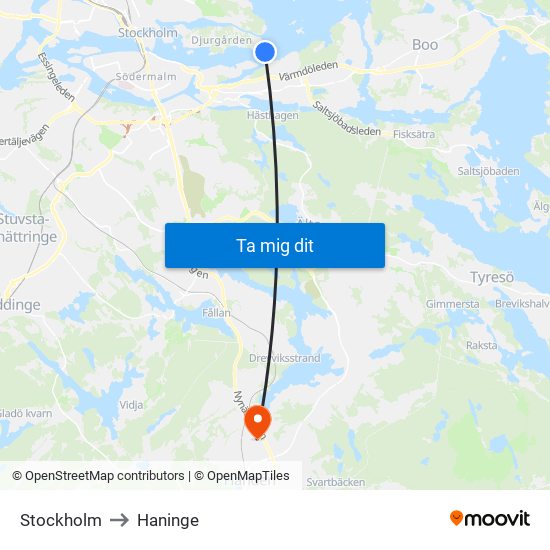 Stockholm to Haninge map
