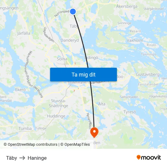 Täby to Haninge map
