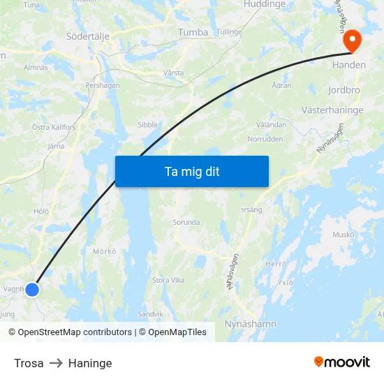 Trosa to Haninge map