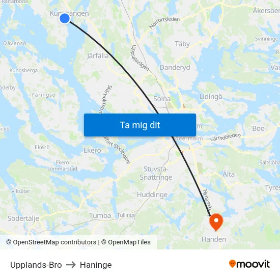 Upplands-Bro to Haninge map