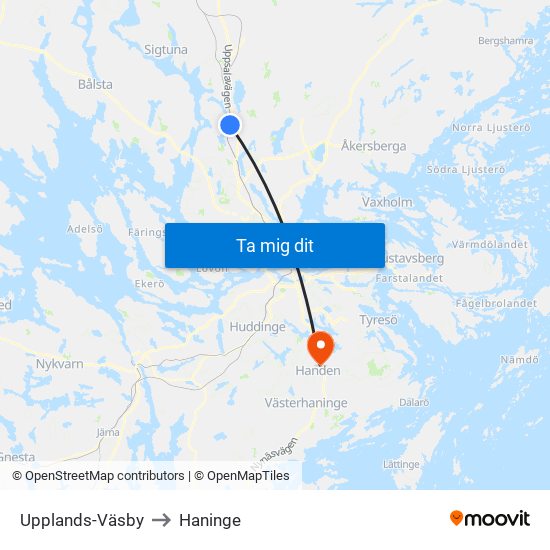 Upplands-Väsby to Haninge map