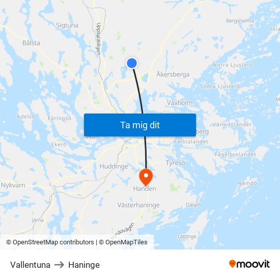 Vallentuna to Haninge map