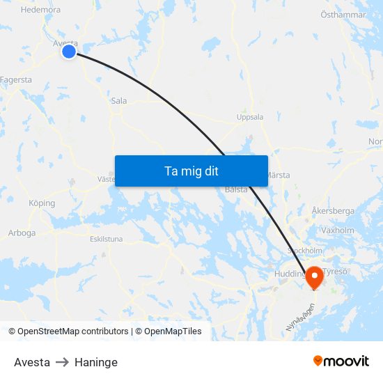 Avesta to Haninge map