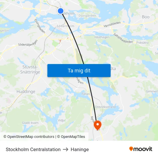 Stockholm Centralstation to Haninge map
