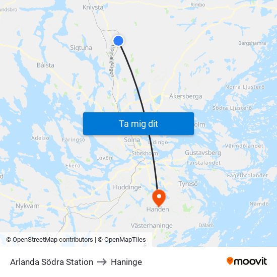 Arlanda Södra Station to Haninge map
