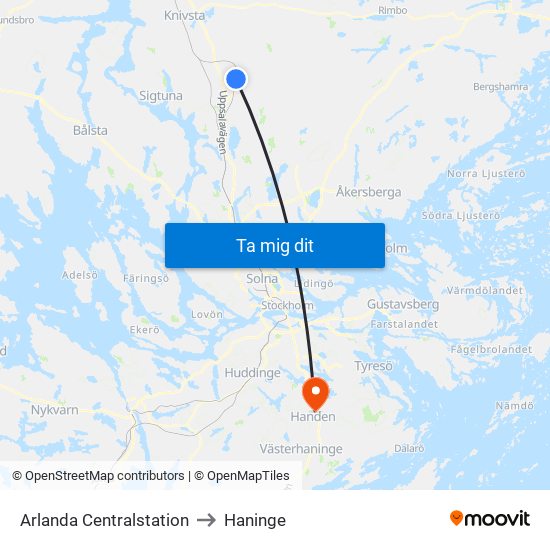 Arlanda Centralstation to Haninge map