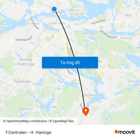 T-Centralen to Haninge map