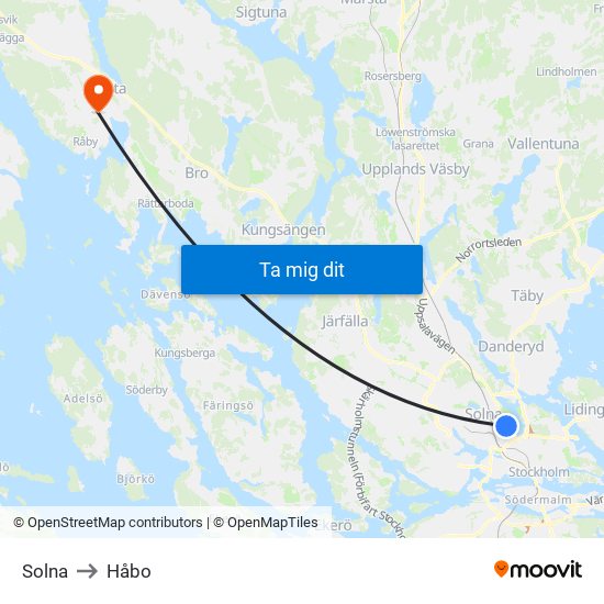 Solna to Håbo map