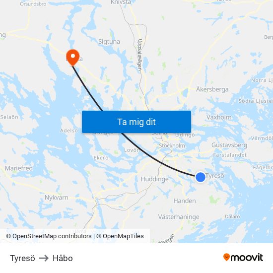 Tyresö to Håbo map