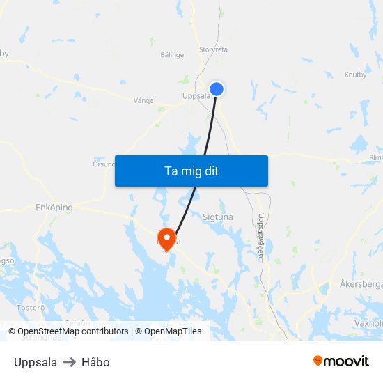 Uppsala to Håbo map