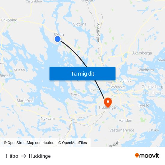 Håbo to Huddinge map