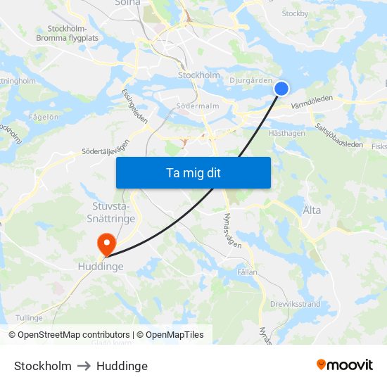 Stockholm to Huddinge map