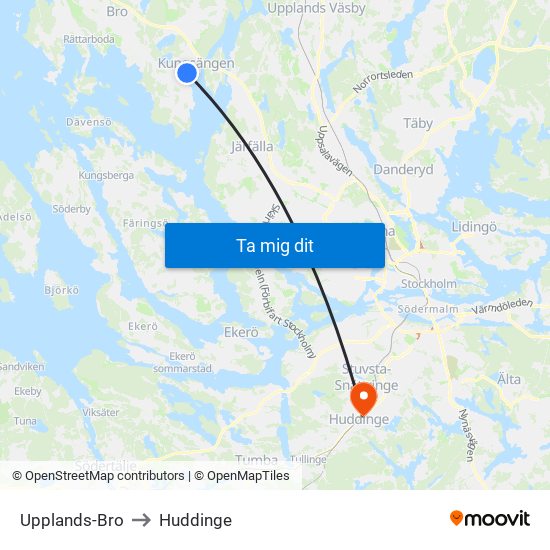 Upplands-Bro to Huddinge map