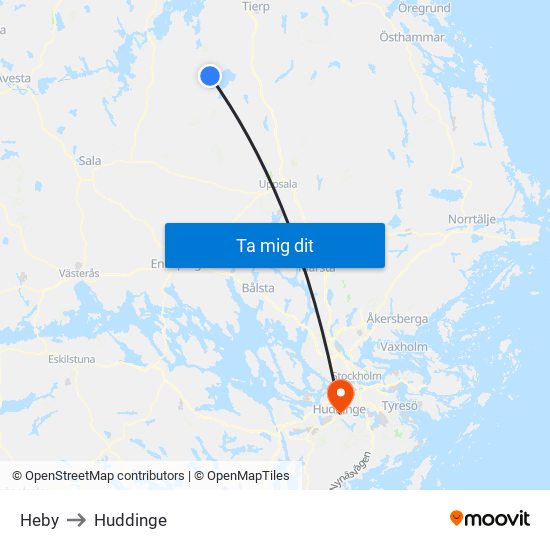 Heby to Huddinge map