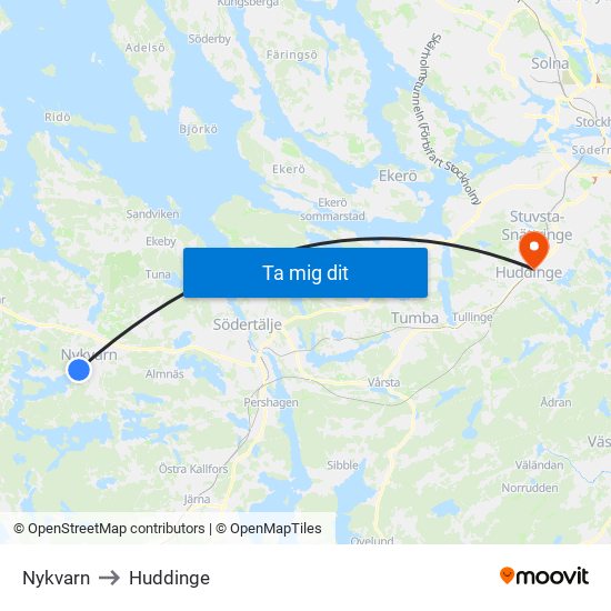 Nykvarn to Huddinge map