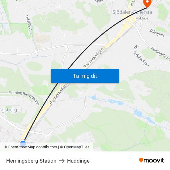 Flemingsberg Station to Huddinge map