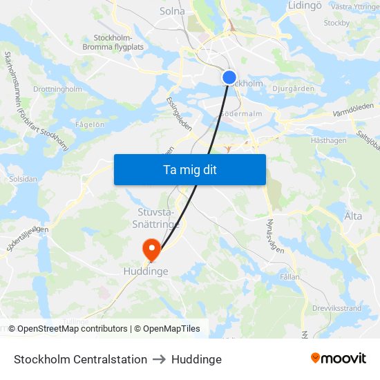 Stockholm Centralstation to Huddinge map