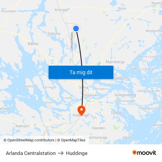 Arlanda Centralstation to Huddinge map