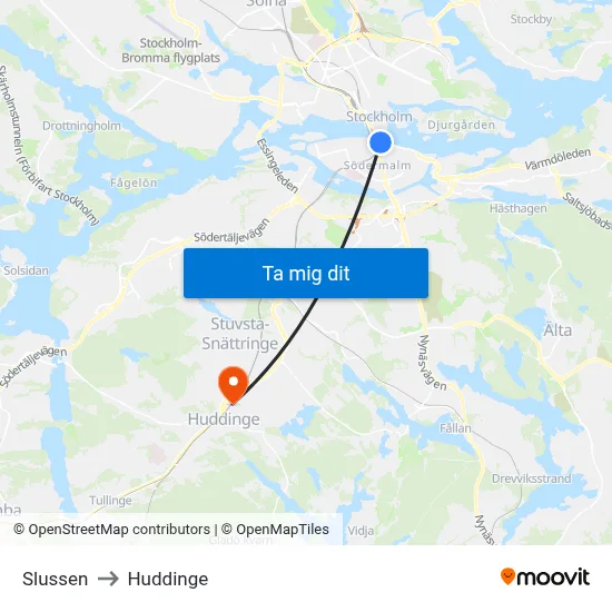 Slussen to Huddinge map