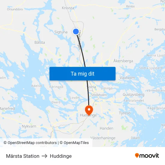 Märsta Station to Huddinge map