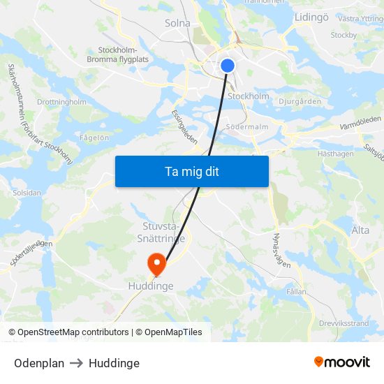 Odenplan to Huddinge map