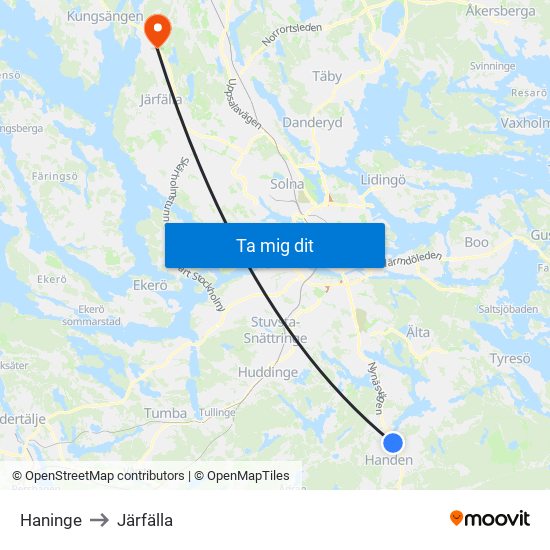 Haninge to Järfälla map