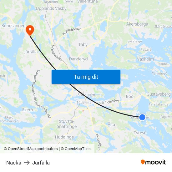 Nacka to Järfälla map