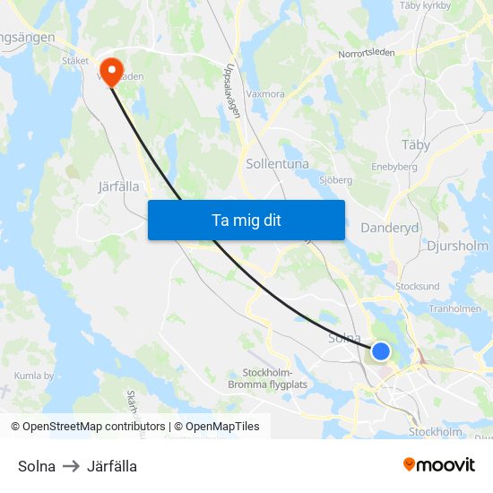 Solna to Järfälla map