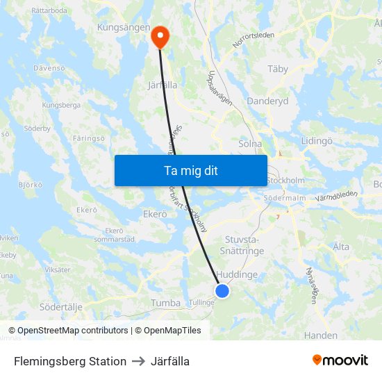 Flemingsberg Station to Järfälla map